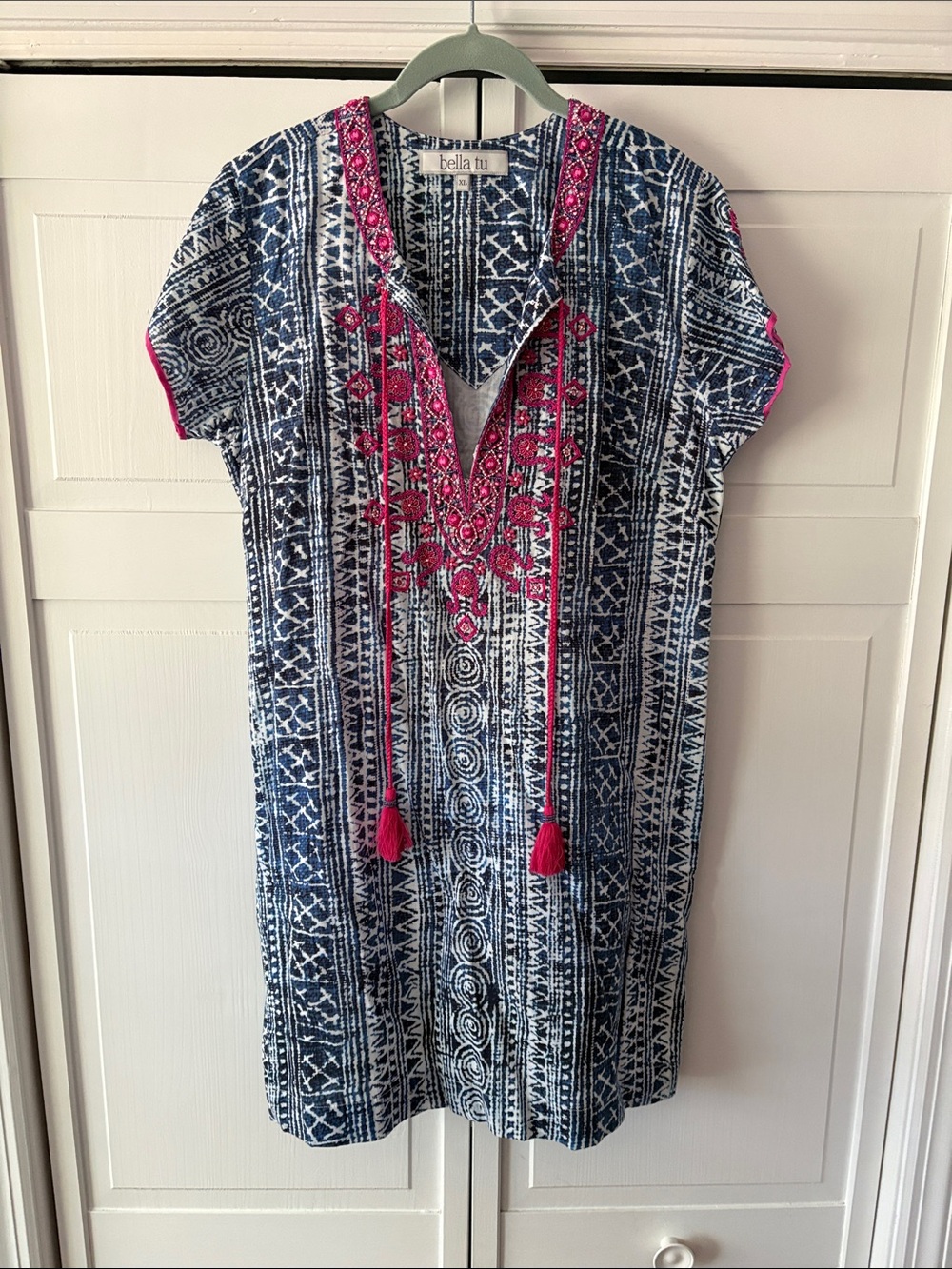 Bella Tu-size XL-Navy & Pink Embroidered Tunic Dress